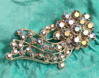 Designer signed aurora borealis brooch BSK large crystal flower pin Long bar scarf brooch pin Floral AB crystals pin 60s costume jewelry