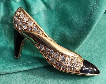 Swarovski signed brooch Pump shoe brooch pin Gold shoe black enamel clear Swarovski crystals fashion brooch Swan logo brooch pin