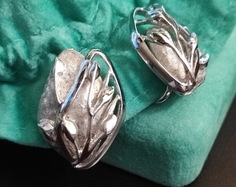 Earlobe clip earrings floral design Silver tone open work leaf and flower clips brushed metal silver polished vine clips Designer signed