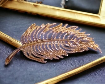 Gold feather pin VNTG Monet brooch Large feather brooch 2.5 inches Open work nature inspired retro brooch Mothers day gift