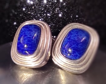 Christian Dior vintage clip on earrings Silver tone Lapis blue art glass Designer signed 80s fashion earrings Statement jewelry gift