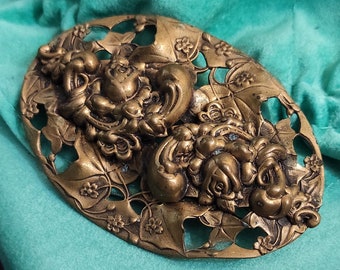 Art Nouveau oval brooch Large floral brooch Repousse brooch