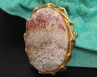 Vintage large jasper brooch  Big oval gemstone pendant Picture Jasper gold  pin Large cabochon Unsigned costume jewelry