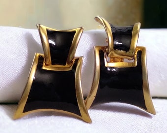 Door Knocker clip on earrings VNTG black enamel Knocker earrings Gold retro earrings 90s fashion women gift, Chunky bold earrings