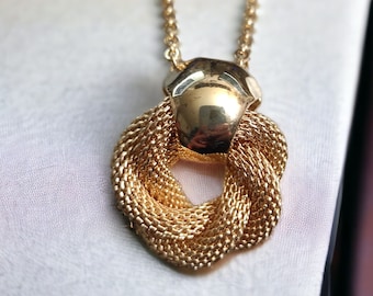 90s Love knot pendant necklace Gold tone Mesh pendant Adjustable necklace  Designer signed Short necklace Coworker birthday gift