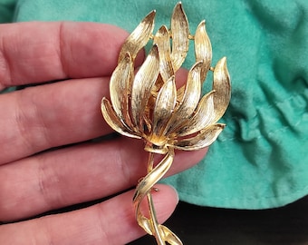 Vintage gold flower stems brooch Signed M. Jent floral pin Mom birthday gift