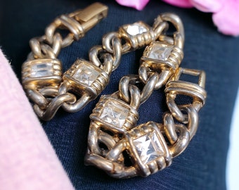 VNTG Swarovski bracelet Gold link Clear crystals locket link bracelet Curb link bracelet Mothers day gift Birthday gift for women