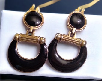 VNTG black enamel Knocker earrings Gold retro earrings 90s fashion women gift, Door Knocker clip on earrings Chunky bold earrings