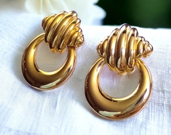 Dangle Door Knocker earrings VNTG Gold shell Knocker earrings retro earrings 90s fashion women gift, Mid century modern wedding earrings