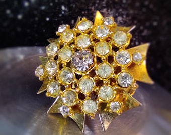 Gold Maltese cross brooch pendant Clear rhinestone crystals pendant Gold tone Victorian pin Costume jewelry Anniversary gift