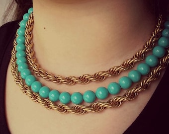 Turquoise collar Beaded multistrand necklace Gold rope necklace Chunky chain choker
