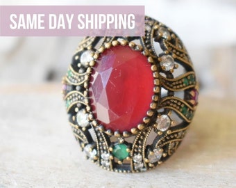 Huge cocktail ring size 7.5 sterling turkish ruby ring  Ottoman ring women