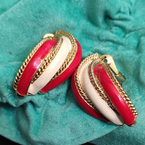 80s red white enamel clip on earrings Chunky red … - image 2