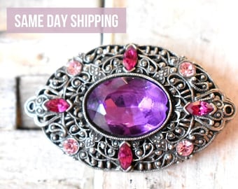 Vintage purple jewel brooch. Silver tone amethyst rhinestone pin. Victorian style brooch pin