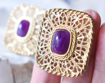 Gold Givenchy jumbo earrings Faux Amethyst Oversized clips Stunning Gold Givenchy jewelry Open work 80s clip on earrings