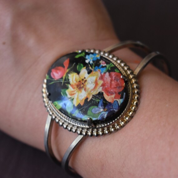 Birth flower Clamp bracelet Black cabochon with h… - image 3