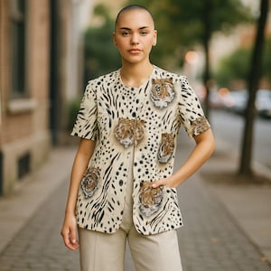 Summer butter yellow Blazer ESCADA animal print blazer size 36 Safari animal jacket Designer vintage clothing Fitted style pocket