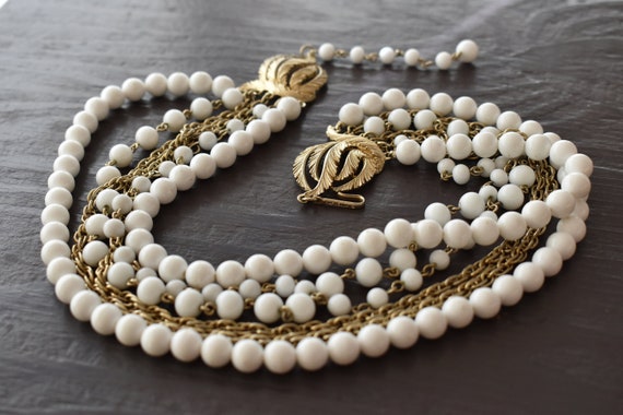 Vintage Marvella necklace White beaded collar Gol… - image 5