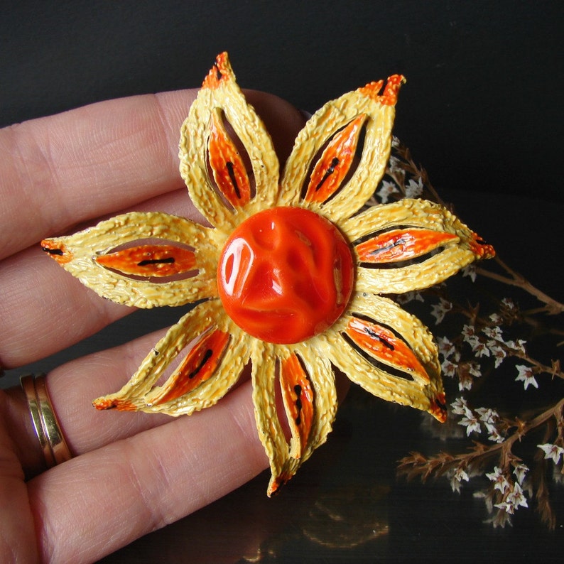 Yellow orange jewelry Brooch earring set Large flower brooch Floral clip earrings Signed ART jewelry Statement brooch Easter jewelry gift