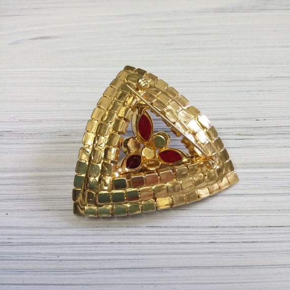 60th Large Ruby Rhinestone Triangle Brooch Pin, V… - image 11