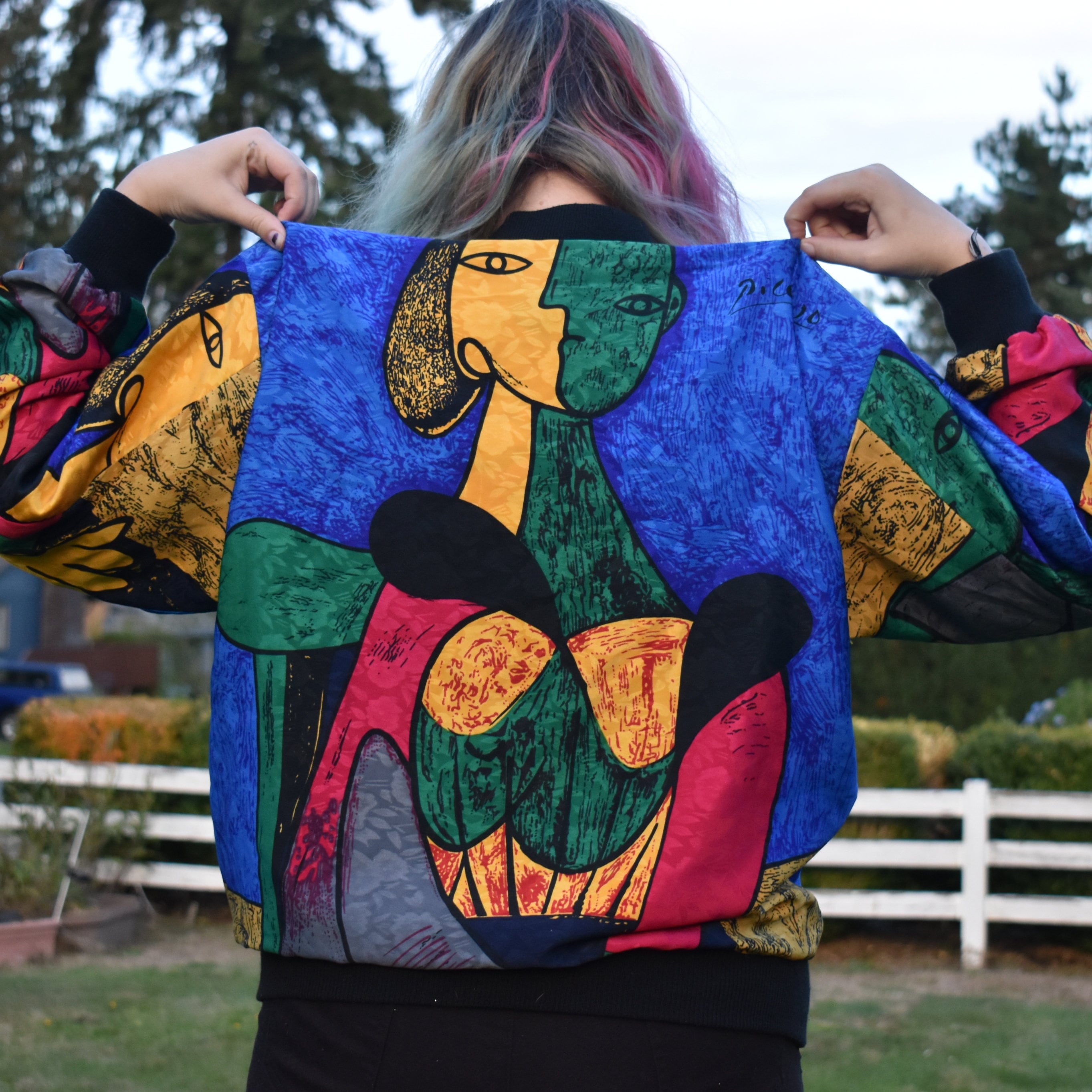 Vintage Picasso Print Jacket 1980s Abstract Bomber Retro