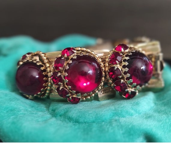Ruby red wide bracelet Prong set crystals Raised … - image 1