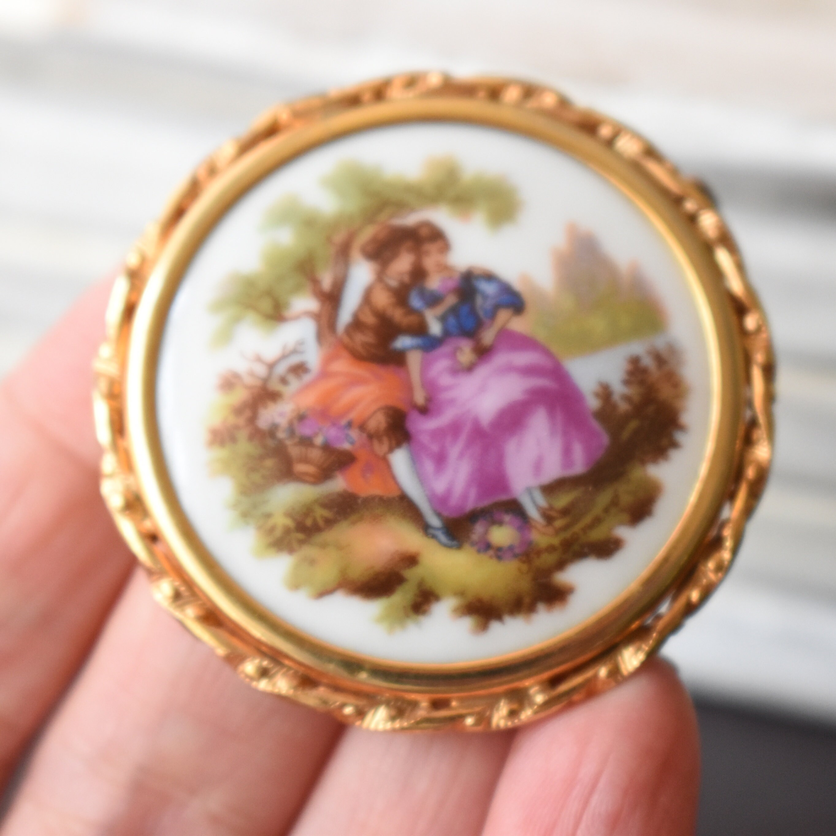 Antique Limoges France brooch Large round brooch with courting Etsy