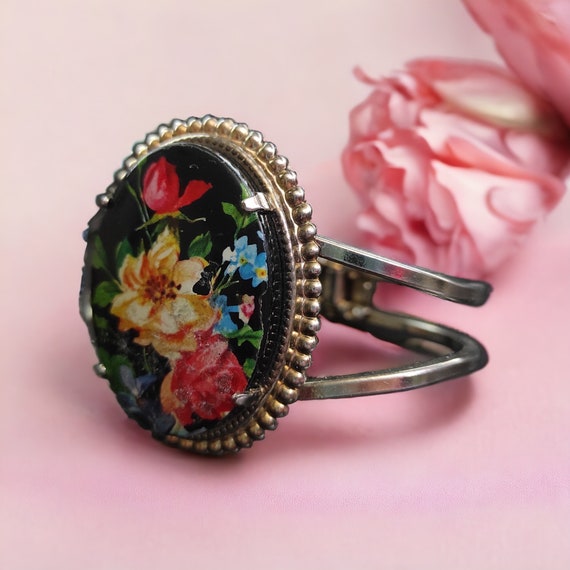 Birth flower Clamp bracelet Black cabochon with h… - image 4