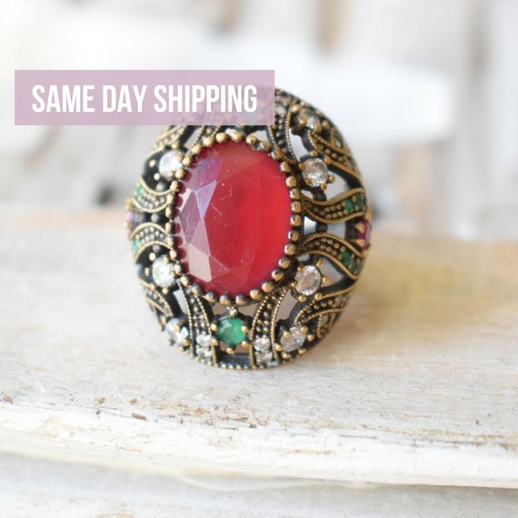 Huge cocktail ring size 7.5 sterling turkish ruby… - image 1