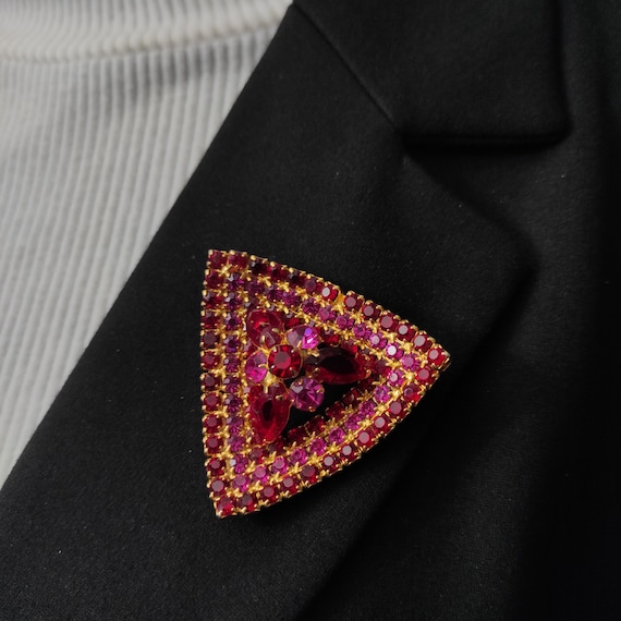 60th Large Ruby Rhinestone Triangle Brooch Pin, V… - image 5