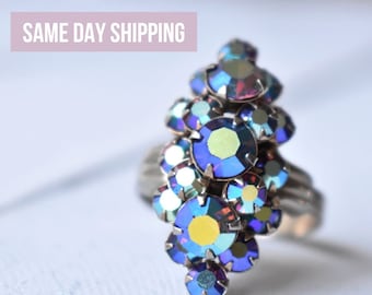 Vintage AB rhinestone ring Adjustable blue crystal ring 60th ring Prong set crystal ring Gift for women