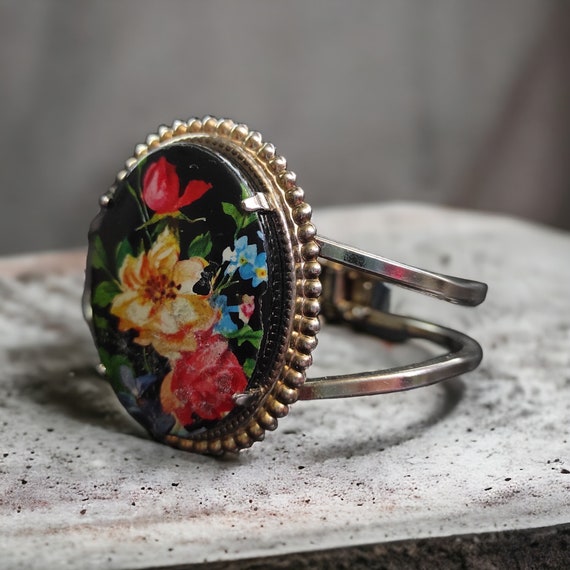 Birth flower Clamp bracelet Black cabochon with h… - image 9