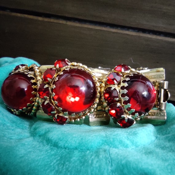 Ruby red wide bracelet Prong set crystals Raised … - image 6