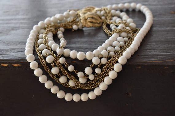Vintage Marvella necklace White beaded collar Gol… - image 7