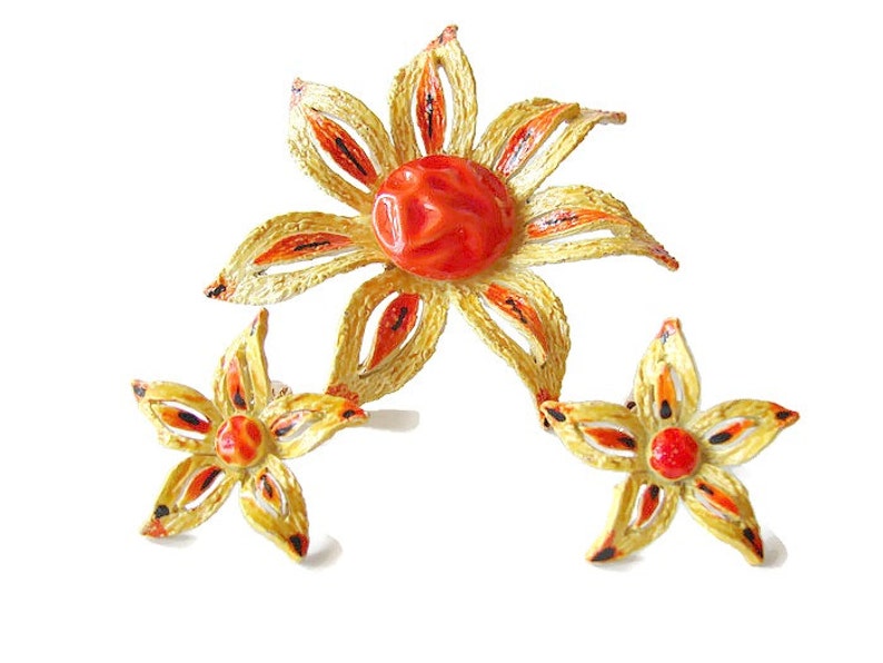 Yellow orange jewelry Brooch earring set Large flower brooch Floral clip earrings Signed ART jewelry Statement brooch Easter jewelry gift
