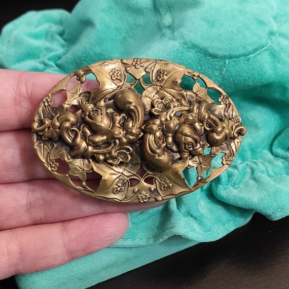 Art Nouveau oval brooch Large floral brooch Repou… - image 5