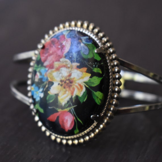 Birth flower Clamp bracelet Black cabochon with h… - image 8