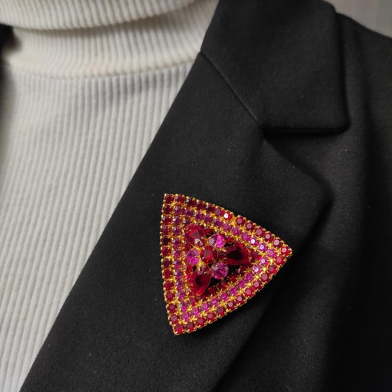 60th Large Ruby Rhinestone Triangle Brooch Pin, V… - image 6