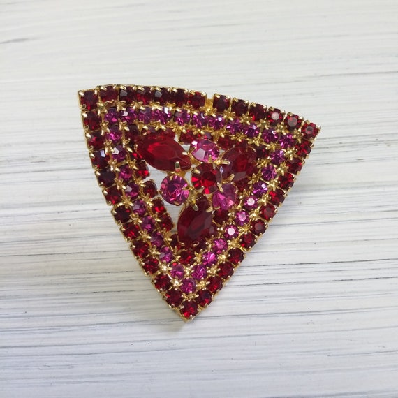 60th Large Ruby Rhinestone Triangle Brooch Pin, V… - image 9