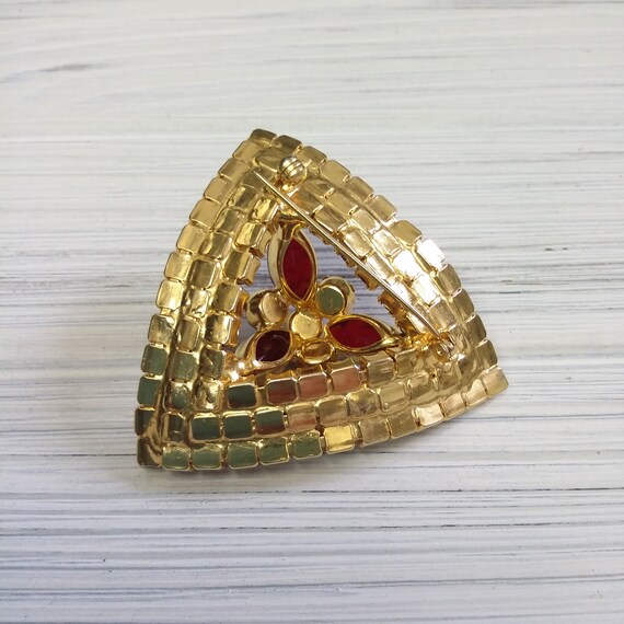 60th Large Ruby Rhinestone Triangle Brooch Pin, V… - image 10