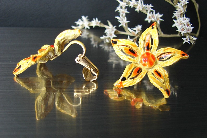 Yellow orange jewelry Brooch earring set Large flower brooch Floral clip earrings Signed ART jewelry Statement brooch Easter jewelry gift