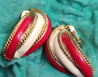 80s red white enamel clip on earrings Chunky red earrings Large hoop earrings oversized half hoops  costume earrings