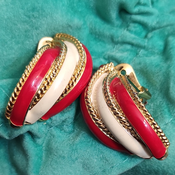 80s red white enamel clip on earrings Chunky red … - image 1