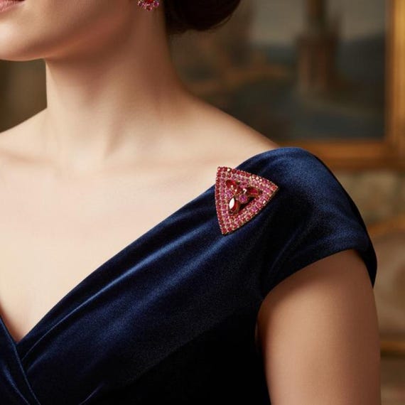 60th Large Ruby Rhinestone Triangle Brooch Pin, V… - image 3
