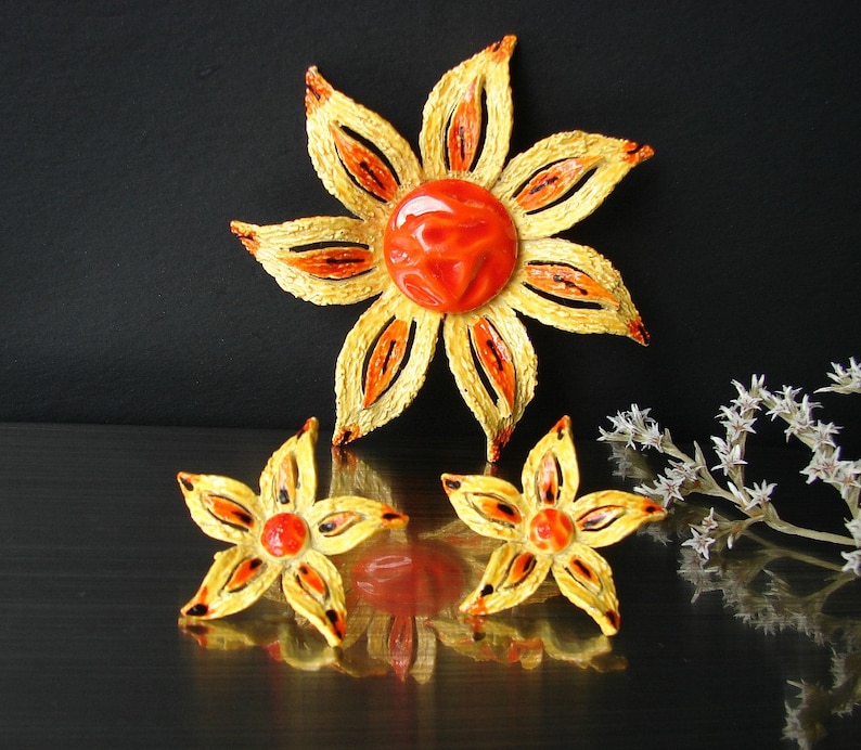Yellow orange jewelry Brooch earring set Large flower brooch Floral clip earrings Signed ART jewelry Statement brooch Easter jewelry gift