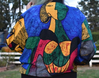 Vintage Reversible Picasso Bomber Jacket 80s Windbreaker Size S to