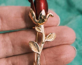 Vintage metal rose stem brooch Small red rose pin Gold steam red enamel metal novelty pin Flower power costume jewelry