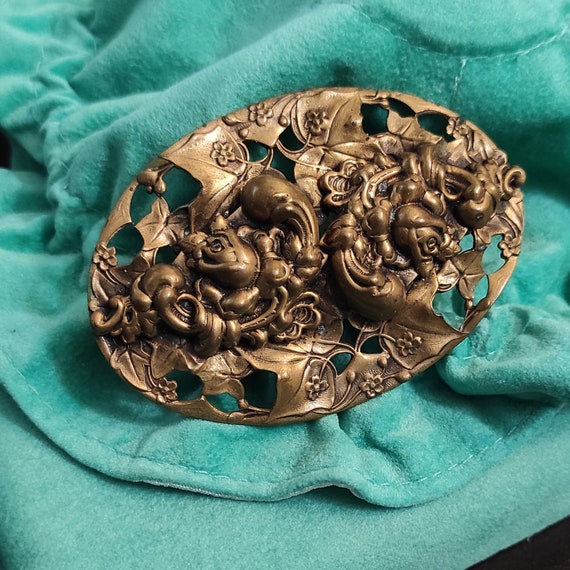 Art Nouveau oval brooch Large floral brooch Repou… - image 4