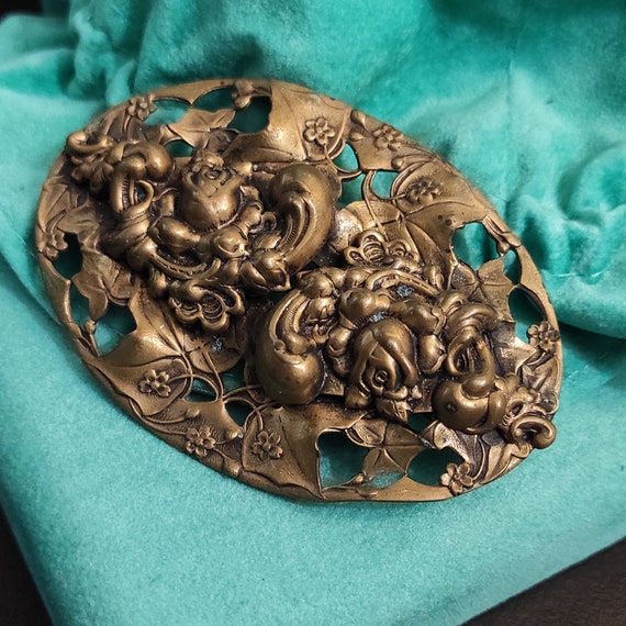 Art Nouveau oval brooch Large floral brooch Repou… - image 1