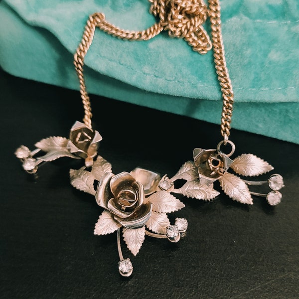 Crystal Flower Collar Bib Necklace - Rhinestone & Crystal Statement Choker, 16" + 3.1" Extender